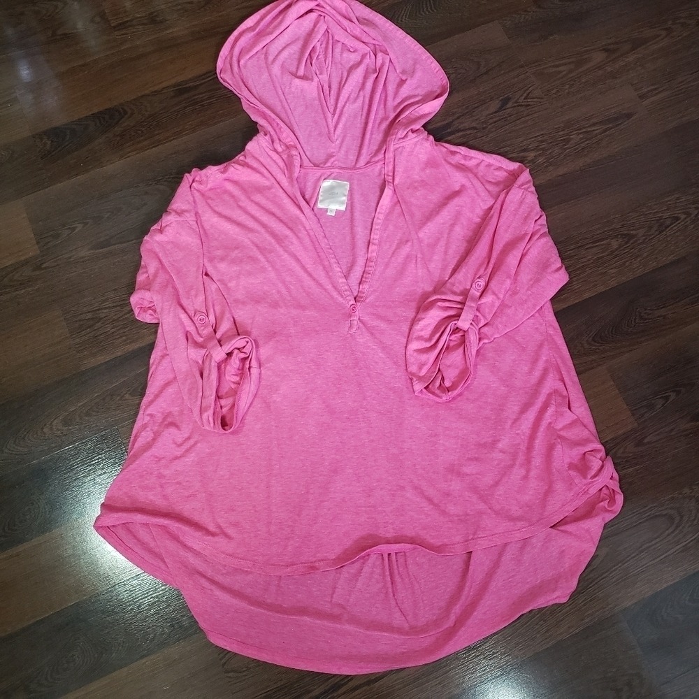 ZOA Pink Slub Knit Roll-Tab Sleeve Hoodie V-Neck High-Low Top Womens Medium